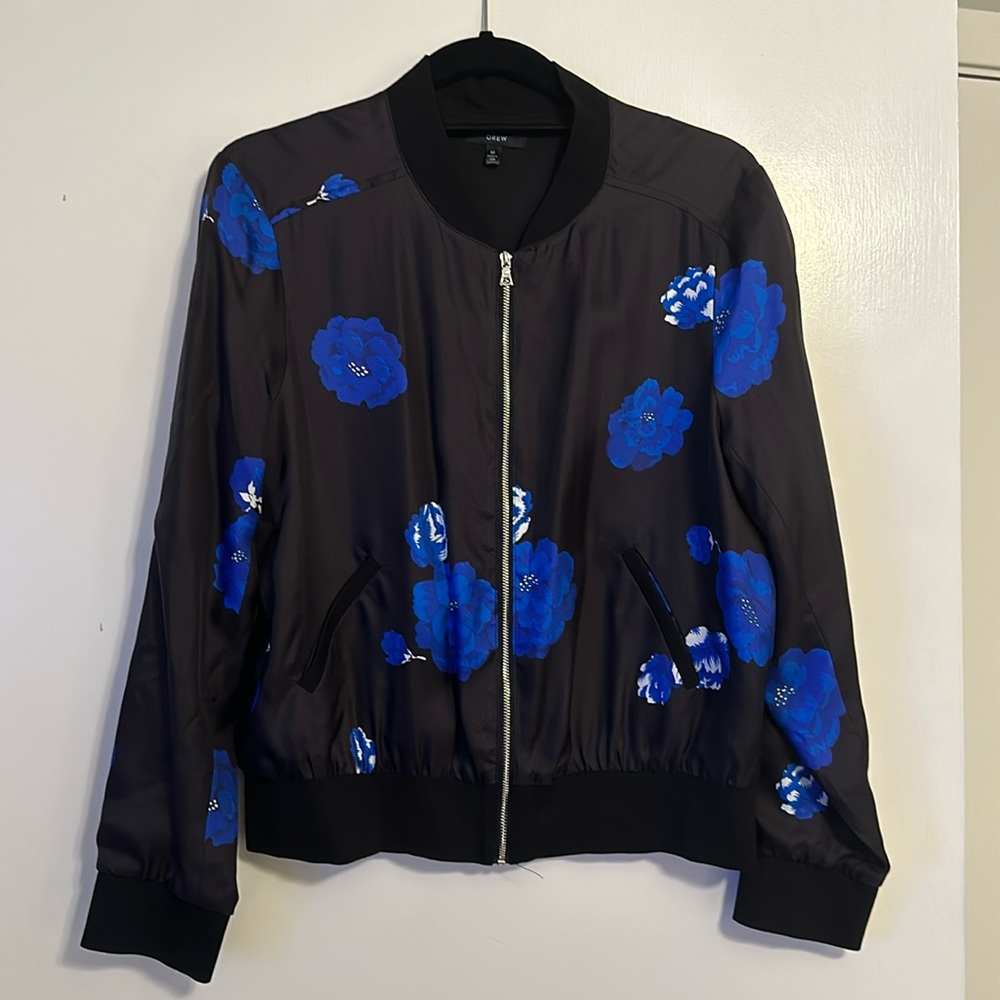 Drew lightweight black with blue flower bomber jacket size medium